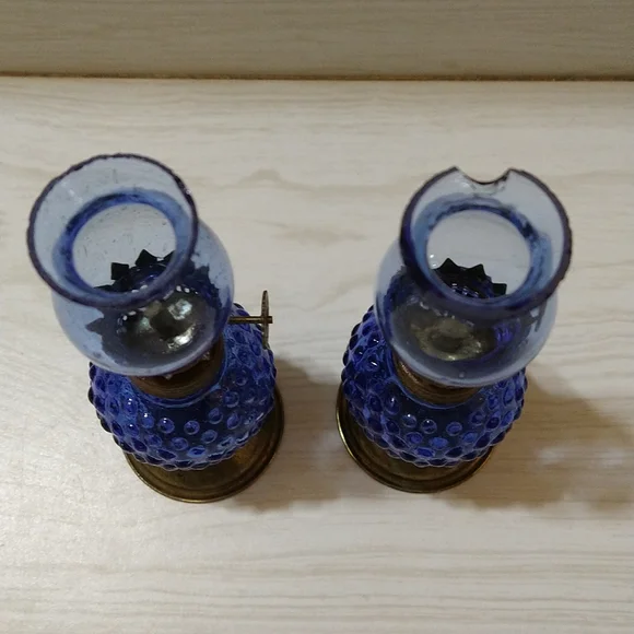 Vintage Mini Cobalt Blue Hobnail Oil Lamp with Hand Blown Chimney - Picture 2 of 5